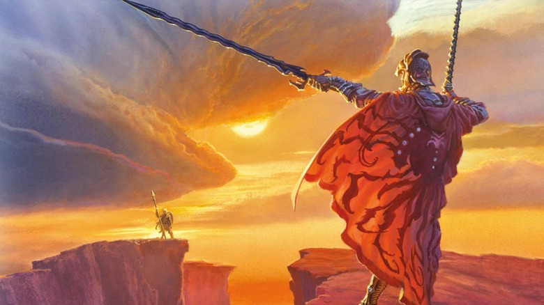 Two warriors, one in Shardplate with equally magical blade, face each other on the Shattered Plains in The Way of Kings