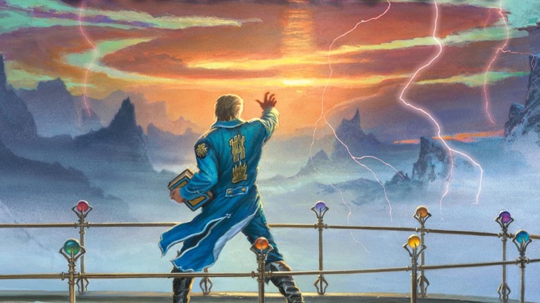 Dalinar hashes it out with the elemental Stormfather on the cover of Wind and Truth