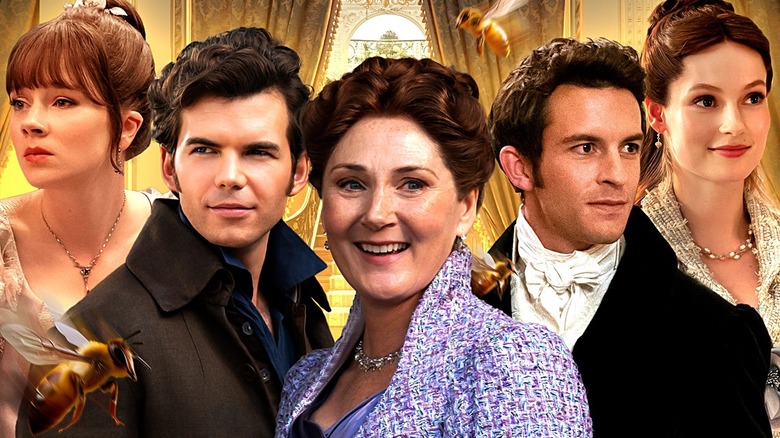 Eloise Bridgerton (Claudia Jessie), Colin Bridgerton (Luke Newton), Violet Bridgerton (Ruth Gemmell), Anthony Bridgerton (Jonathan Bailey), and Francesca Bridgerton (Hannah Dodd)