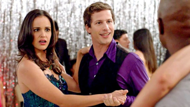 Melissa Fumero and Andy Samberg as Amy and Jake in Brooklyn Nine-Nine