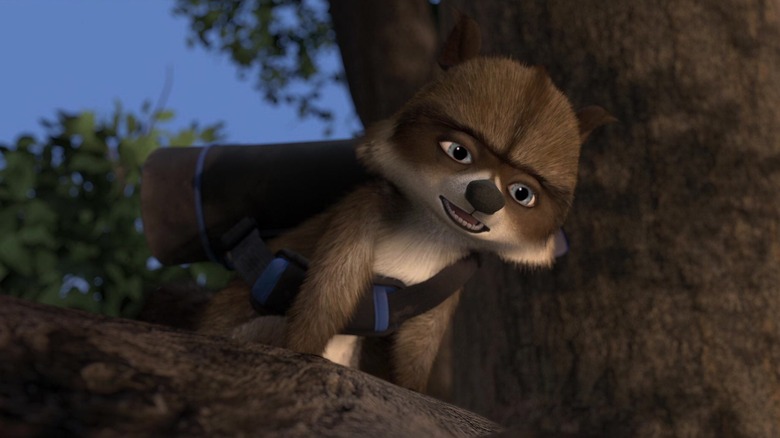 RJ peeking around a tree in Over the Hedge.