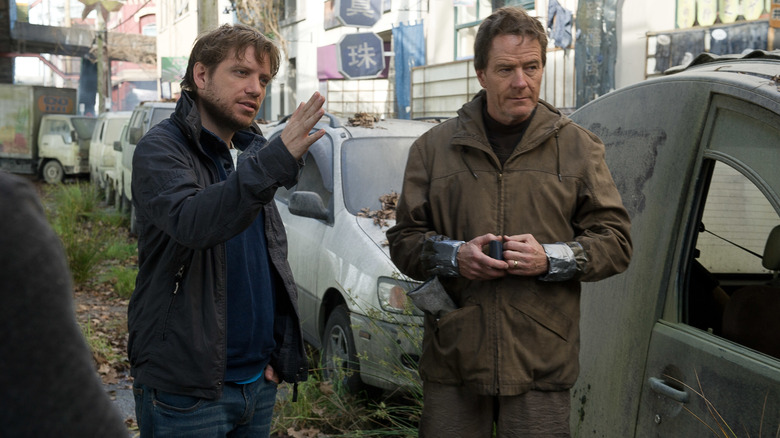 Gareth Edwards directs Bryan Cranston on the set of Godzilla