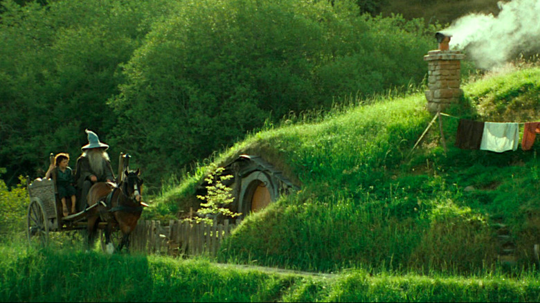 Frodo and Gandalf travel through Hobbiton