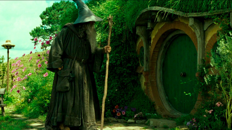 Gandalf waits outside of Bilbo's hobbit hole