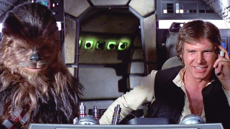 Han Solo and Chewbacca  in the cockpit of the Millennium Falcon in Star Wars: A New Hope