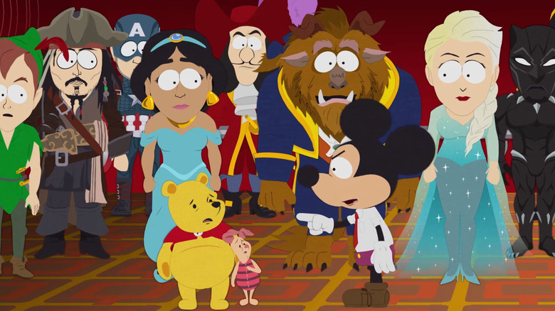 Mickey speaks angrily with Pooh and Pigret in South Park