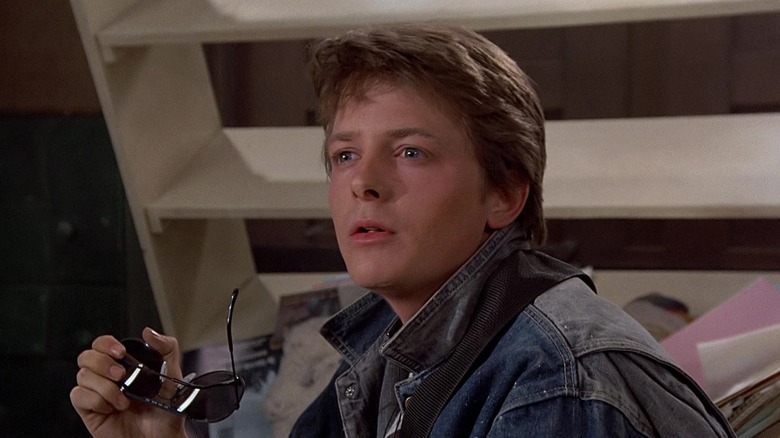 Michael J. Fox as Marty McFly looking dazed in Back to the Future