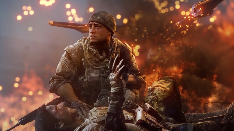 Twee Amerikaanse soldaten zitten midden in een explosie uit de Battlefield-videogames