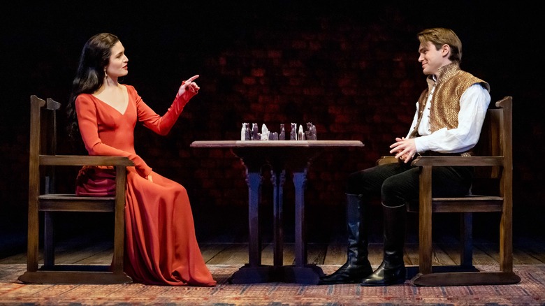 Phillipa Soo and Andrew Burnap talking in Lincoln Center Theater's Camelot