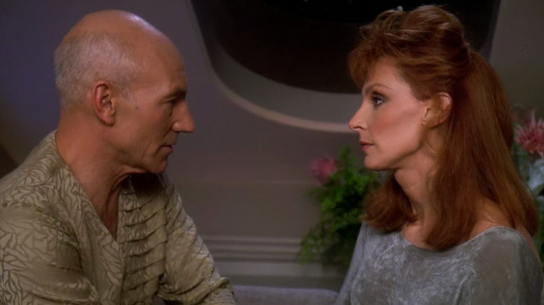 Patrick Stewart as Jean-Luc Picard and Gates McFadden as Dr. Beverly Crusher in Star Trek: The Next Generation