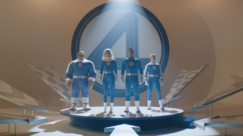 The Thing, Sue Storm, Reed Richards, and Johnny Storm gathered on stage in The Fantastic Four: First Steps
