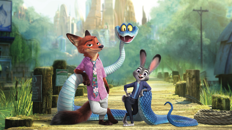 Nick, Gary, and Judy gathered together on a dock in Zootopia 2