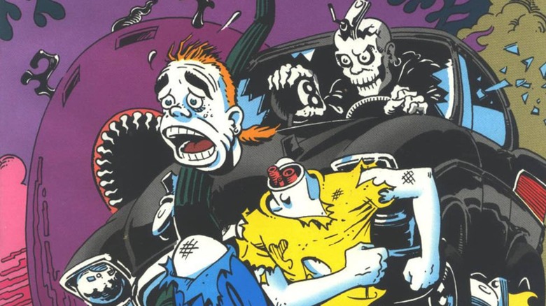 Mort running from a skeleton in a car in Mort the Dead Teenager