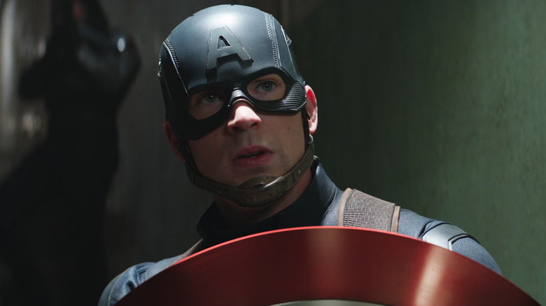 Close-up of Steve Rogers (Chris Evans) looking serious in Captain America: Civil War