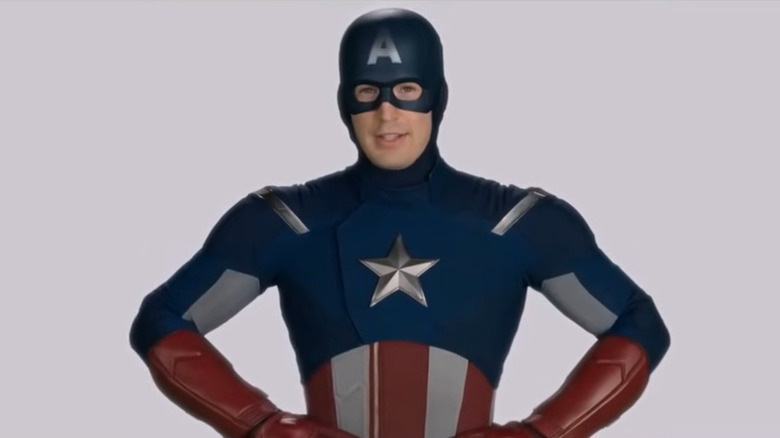 Steve Rogers (Chris Evans) against a white background doing PSA announcements in Spider-Man: Homecoming