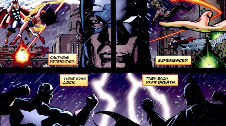Captain America and Batman are preparing to fight in JLA/Avengers #2.