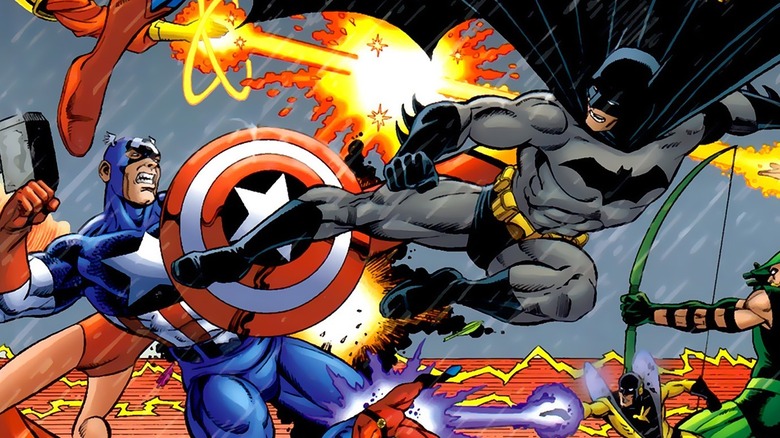 Captain America raises his shields as Batman jumps on him on the cover of JLA/Avengers #2.
