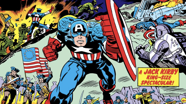 Captain America The Bicenntenial Battles cover by Jack Kirby - Captain America against backdrop of different American wars