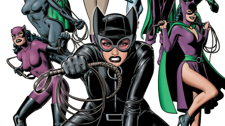 Brian Bolland cover of Catwoman: Nine Lives of a Feline Fatale showing different Catwoman costumes