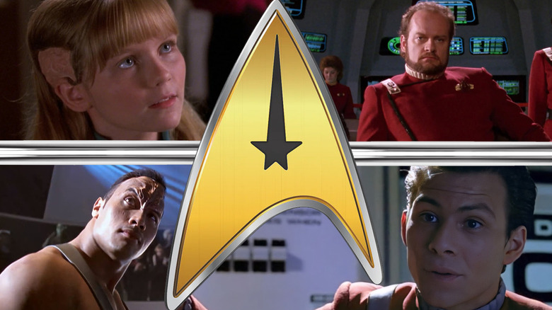 Kirsten Dunst, Kelsey Grammer, Dwayne Johnson and Christian Slater in Star Trek roles around a Starfleet emblem in a composite image