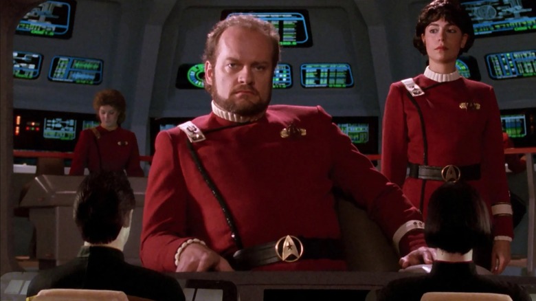 Kelsey Grammer as Capt. Morgan Bateson addressing the Enterprise crew on the bridge screen in Star Trek: The Next Generation