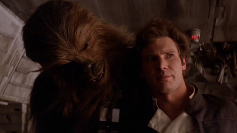 Peter Mayhew and Harrison Ford in Star Wars: The Empire Strikes Back