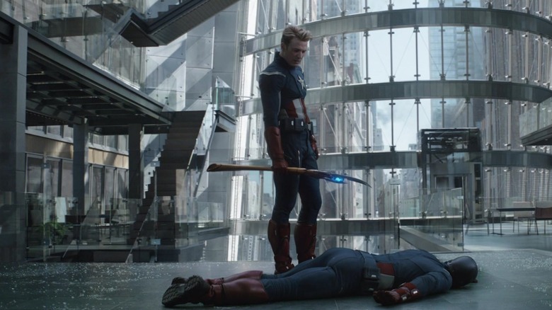 Steve Rogers looking at Captain America's butt in Avengers: Endgame