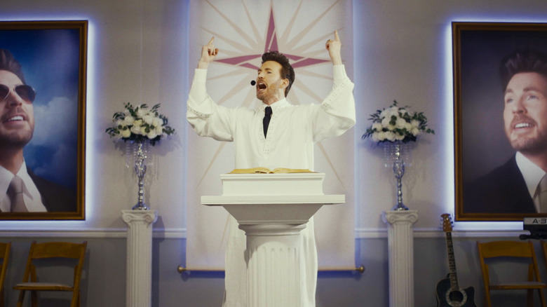 Chris Evans's Reverend Drew Devlin delivers a sermon in Honey Don't!