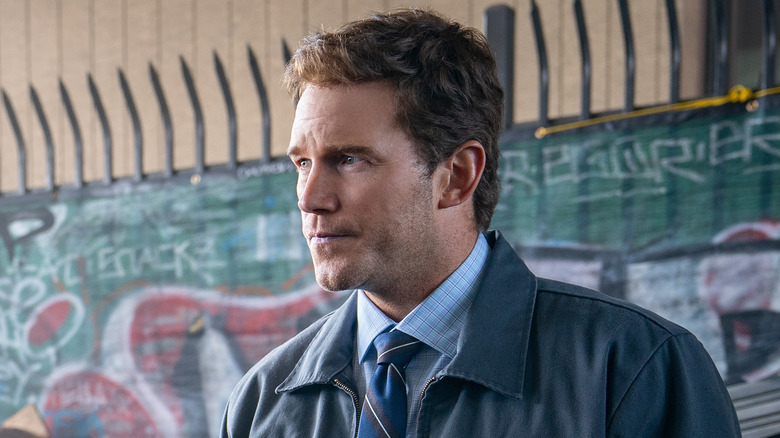 Chris Pratt as Chris Raven on the set of Mercy