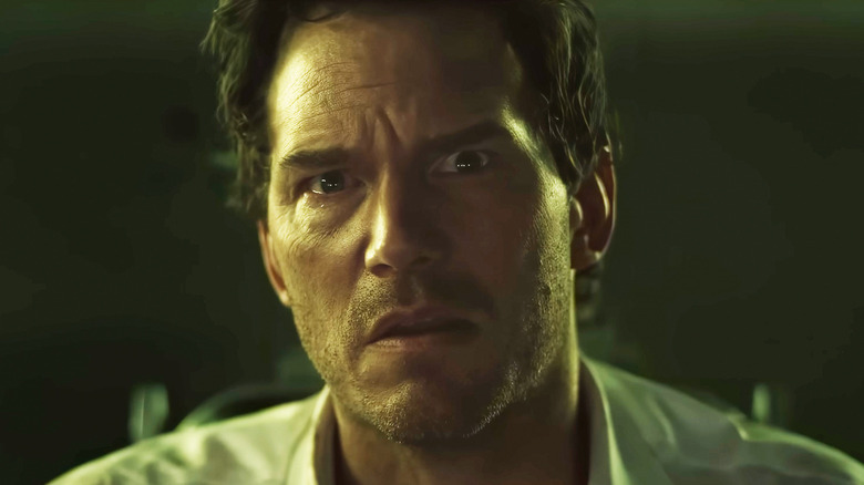 Chris Pratt's Chris Raven looks perturbed in closeup in Mercy