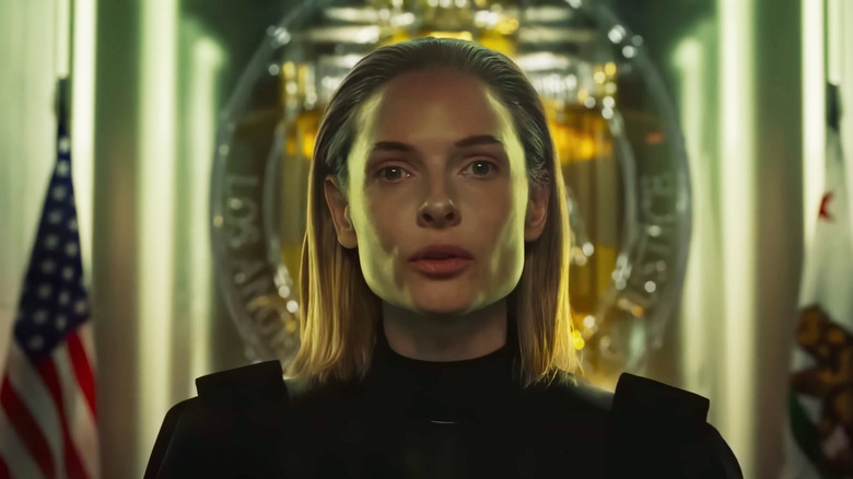 Rebecca Ferguson's Judge Maddox is seen standing in a virtual hallway in Mercy