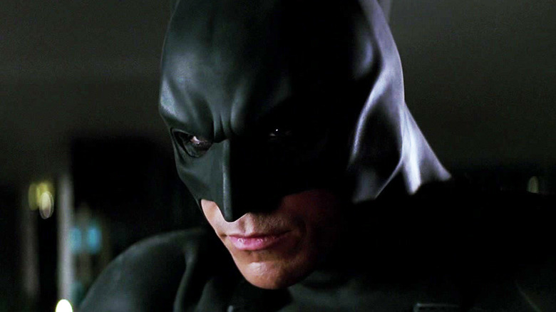 Christian Bale's Batman is shown in closeup in The Dark Knight