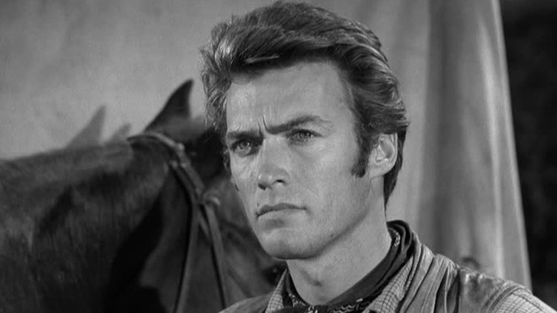 Clint Eastwood as Rowdy Yates with a stern look on his face in Rawhide