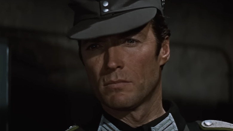Clint Eastwood's Lieutenant Morris Schaffer looks across frame in closeup in Where Eagles Dare