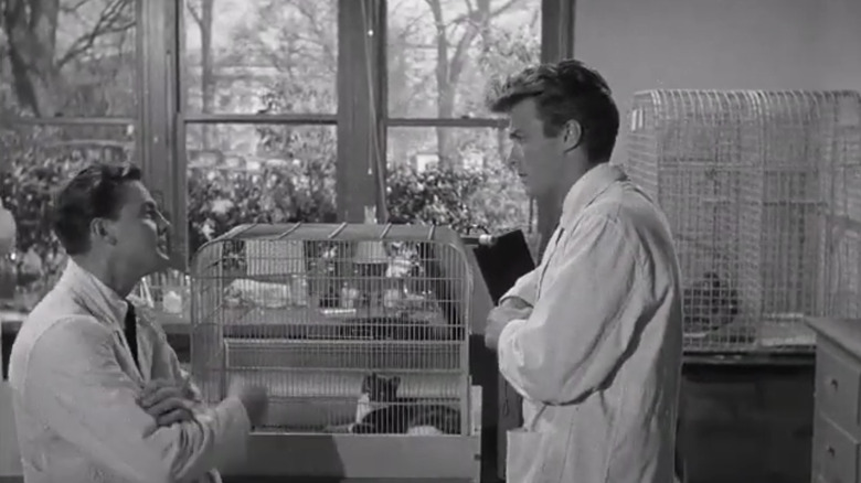 John Agar's Clete Ferguson sits down as Clint Eastwood's lab technician talks to him in a lab in Revenge of the Creature