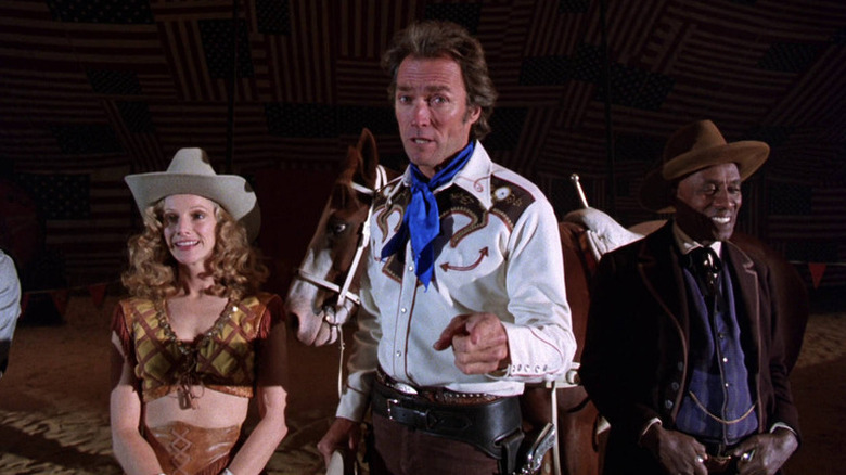 Sondra Locke as Antoinette Lily, Clint Eastwood as Billy McCoy, and Scatman Crothers as Doc Lynch put on a Wild West show in Bronco Billy