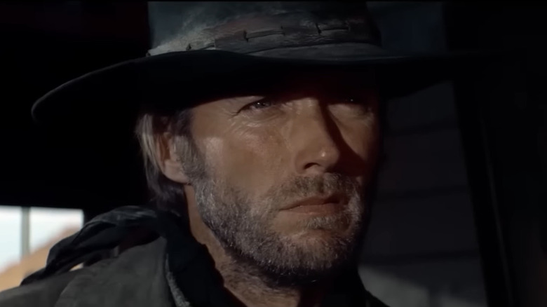 Clint Eastwood's The Stranger is seen in closeup in High Plains Drifter