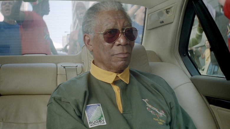 Morgan Freeman as Nelson Mandela sitting in the back of a car in Invictus