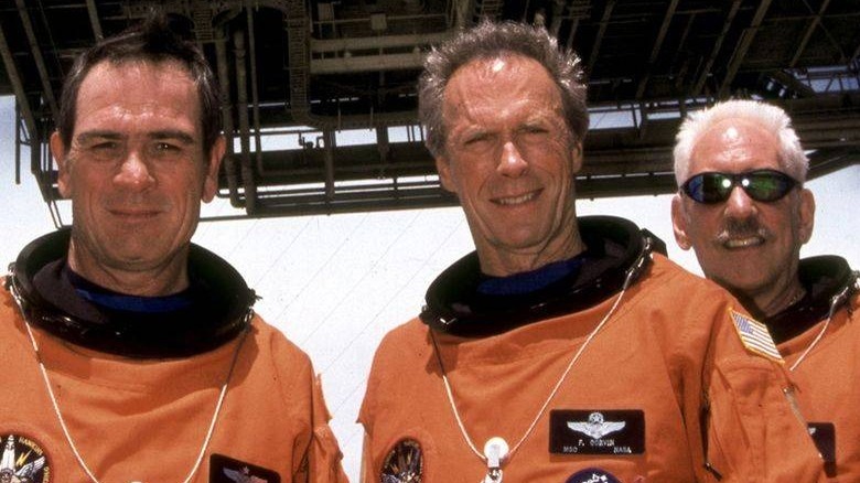 The cast of Space Cowboys in their cumbersome spacesuits.