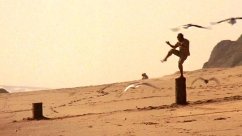 Darryl Vidal like Mr. Miyagi practicing the crane kick in karate