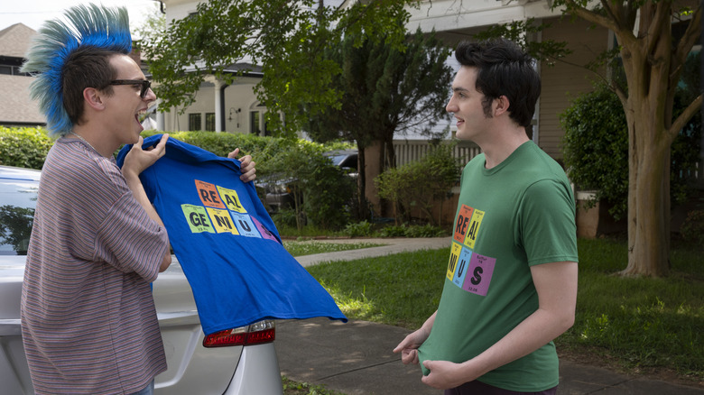 Hawk and Demetri heading off to Cal Tech with matching t-shirts on Cobra Kai