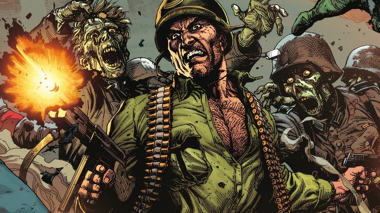 Sgt. Rock fighting off zombies with guns in a cover from DC Comics