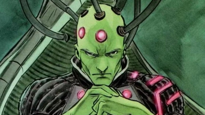 Superman comic, close-up of Brainiac with wires in his head