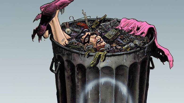 Brat Pack superhero body in trash can