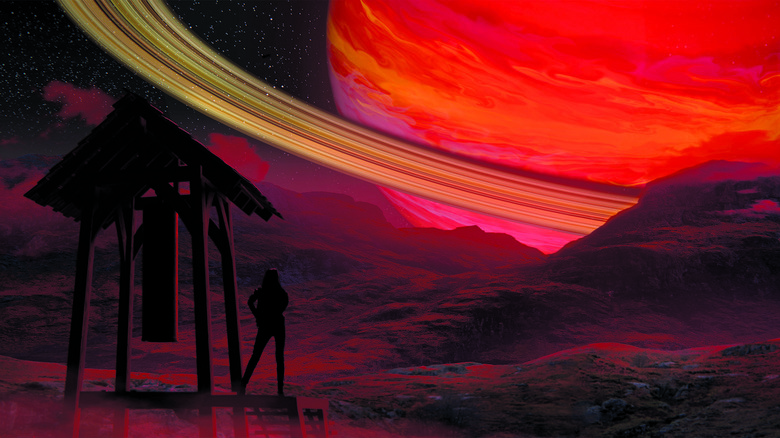 Rebel Moon: Part Two concept art of Kora and the Veldt village bell silhouetted against the red light cast by Mara