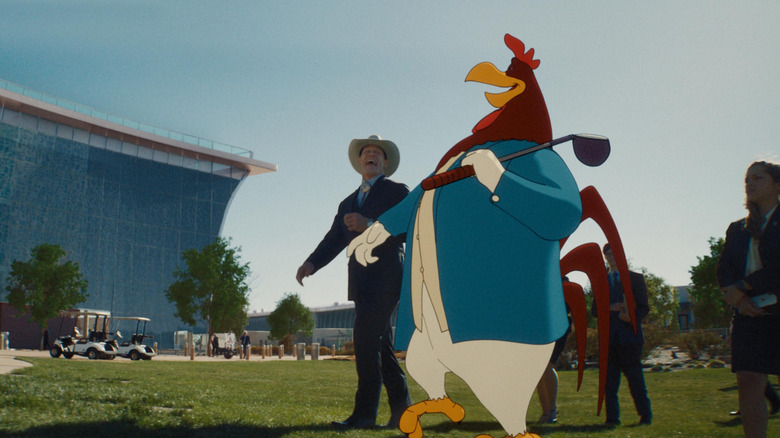 Buddy Crane laughing and walking with Foghorn Leghorn in Coyote vs Acme