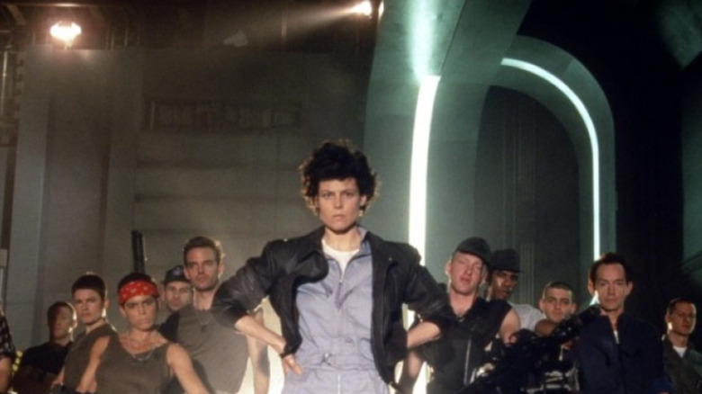 Promotional still of the Colonial Marines in James Cameron's Aliens (1986)
