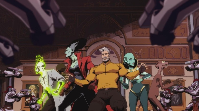Doctor Phosphorus, The Bride, Rick Flag Sr., Nina Mazursky, and Weasel surrounded by guns in Creature Commandos