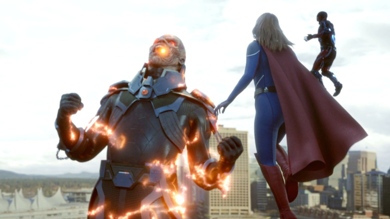 Supergirl and Atom fighting a giant Anti-Monitor in Crisis on Infinite Earths