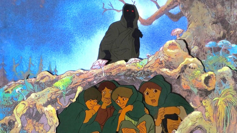 Hobbits hide tree root Nazgul